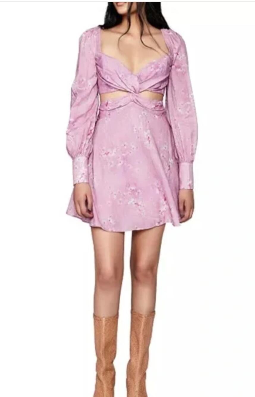 BARDOT Women's Cutout Mini Dress Size LARGE Pink Floral Long Sleeve Knot NWT